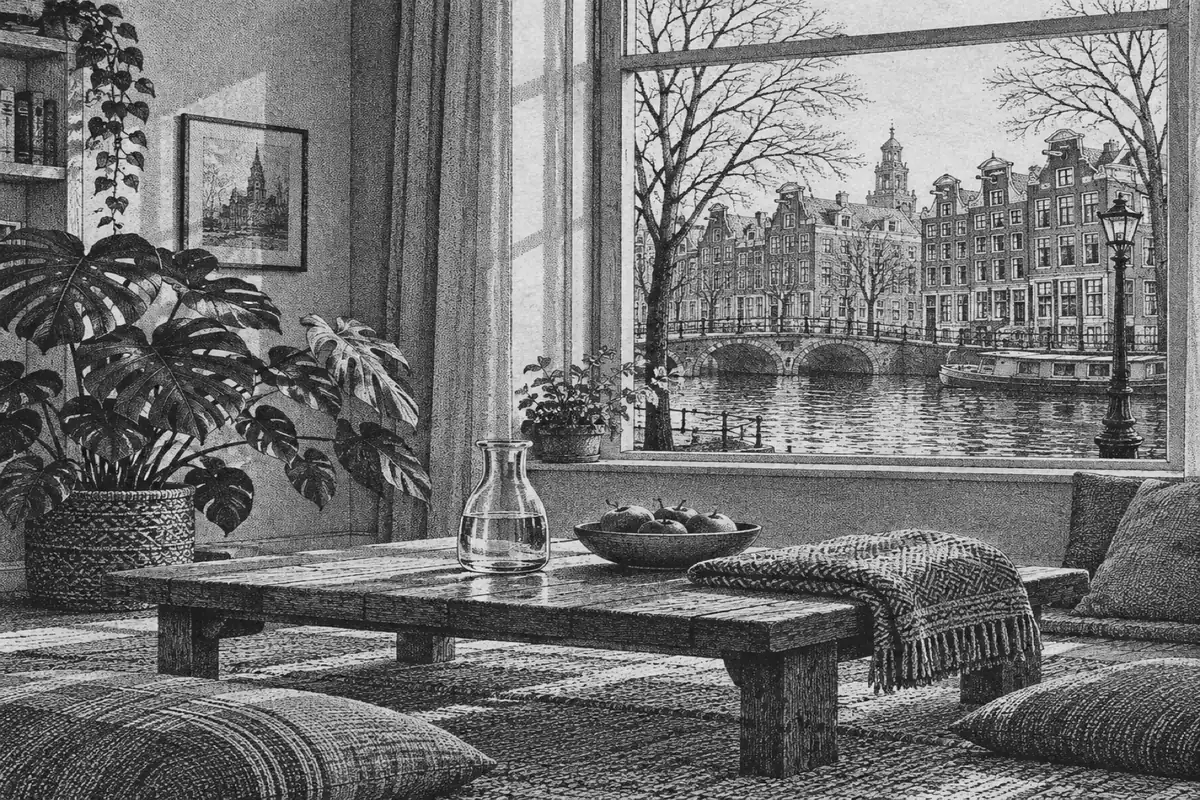 Pentekening van een rustige woonkamer aan een gracht, met een karaf water, een schaal fruit, een deken en kussens op de vloer