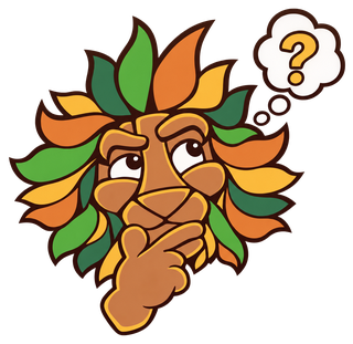 De mascotte van Dutch-Smart, een leeuwenkop die nadenkt